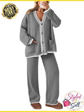 Women's 2 Piece Knit Sweater Lounge Set Cardigan Wide Leg Pants Cozy Fall